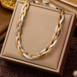 Source Unknown Tri-Color Braided Herringbone Necklace - Gold, Silver, Rose Gold